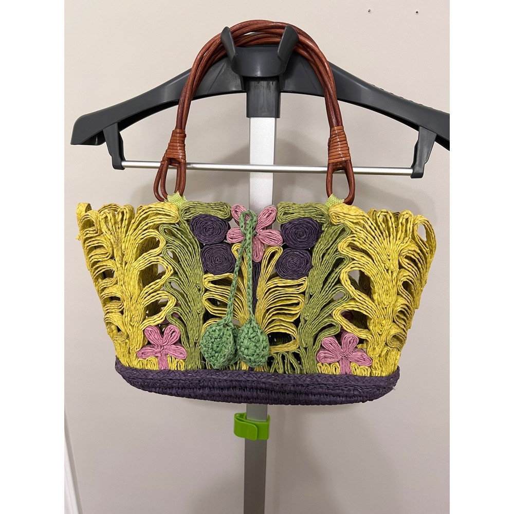Coldwater Creek Woven Raffia Floral Tote Bag Green Purple Yellow Boho Handbag